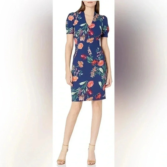 FLORAL SCUBA CREPE BODYCON DRESS IN NAVY MULTI Vince Camuto - Picture 1 of 6